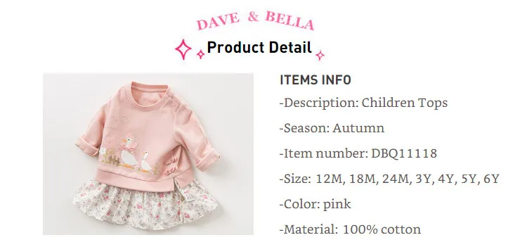 DBQ11118 dave bella/Осенняя футболка с цветочным рисунком для маленьких девочек; Детские топы с длинными рукавами; милый пуловер для девочек; модные детские футболки
