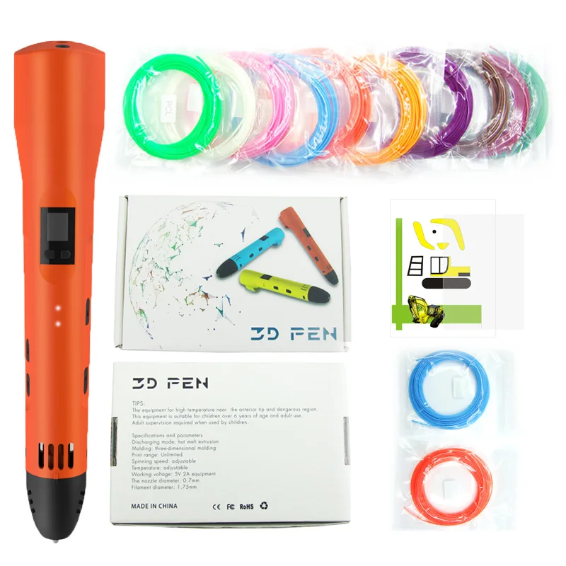 Red 3D Pen QCREATE 3D Ручка низкотемпературная 3D печатная ручка ЖК-экран температура нагрева и скорость регулируемая добавить 50 м PCL Пластиковые Нити - Цвет: Red 3D Pen
