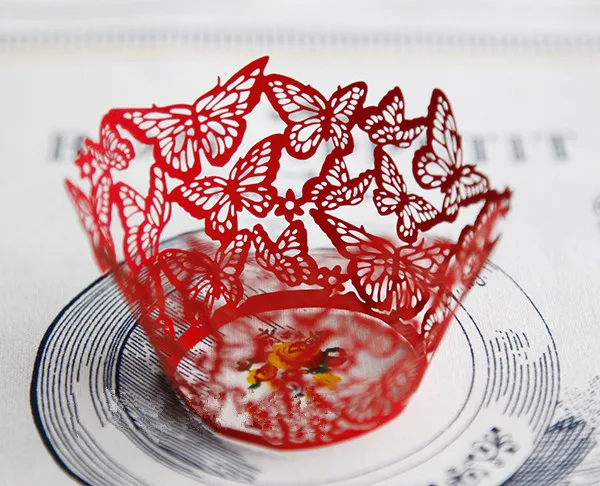 

Free shipping red lace butterfly wrapper, cupcake decoration wrappers, muffin liner holders party favors
