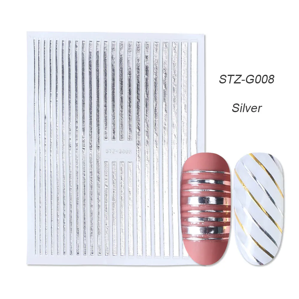 STZ-G008 Silver 1 шт золотые Серебристые 3D наклейки для ногтей прямые изогнутые вкладыши полосы ленты обертывания геометрический дизайн ногтей украшения BESTZG001-013 - Цвет: STZ-G008 Silver