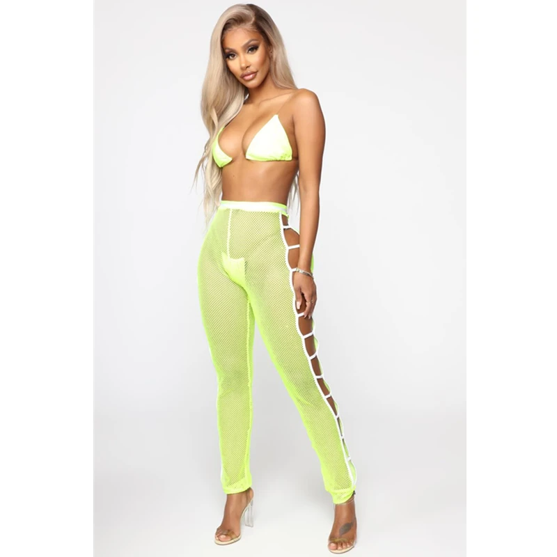

Sexy Women Mesh Sheer Long Pants Summer Side Hollow Slim Fitness Pants Women High Waist Trousers Cover Ups Beachwear Streetwear