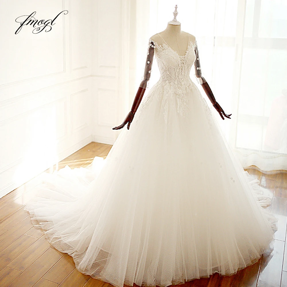 Fmogl Vestido De Noiva, кружевное бальное платье, свадебные платья, сексуальные платья с открытой спиной, со шлейфом, v-образным вырезом, аппликацией, бисером, для невесты