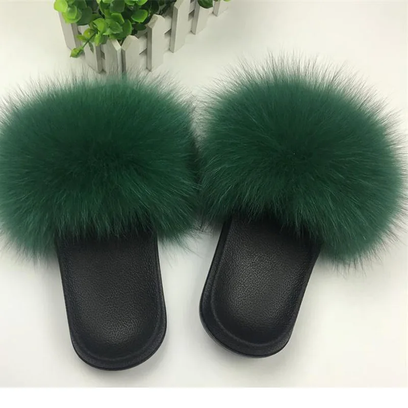 Green COOLSA/женские плюшевые тапочки из лисьего меха; женские зимние теплые тапочки; женские пушистые тапочки на меху; женские пушистые ползунки - Цвет: Green