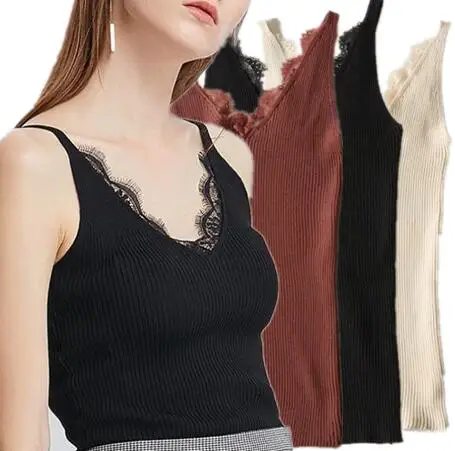 Женские трикотажные кружевные Топики тонкие сексуальные вязальные майки с v