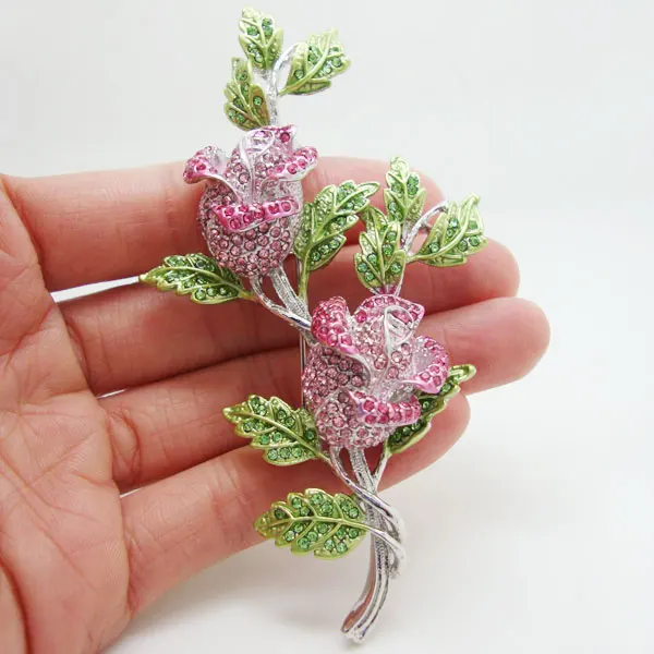 

Fashion Jewelry Beautiful Pink Rhinestone Crystal Rose Flower Brooch Pin