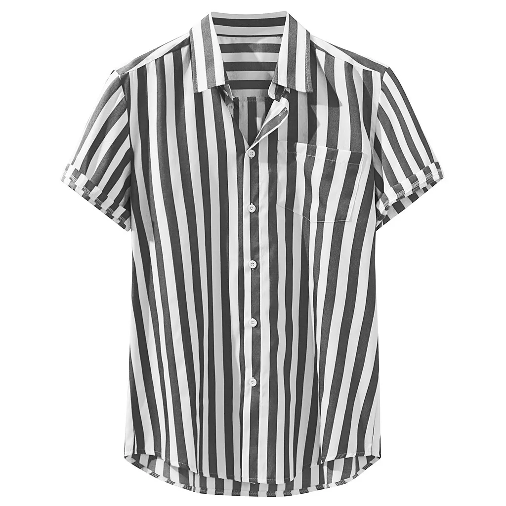 Летняя мужская рубашка chemise, свободные рубашки с короткими рукавами, полосатая Льняная блуза с принтом и карманами, Мужская гавайская рубашка, уличная рубашка camiseta - Цвет: Black