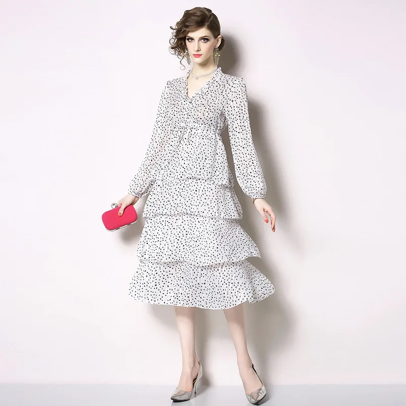 S-XXL весенне-летнее женское платье черно-белое в горошек с длинным