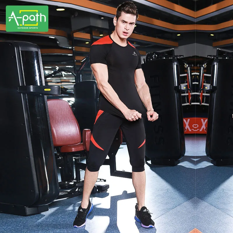 A-path Mens Running T-Shirts Pants Sport Suit for Fitness Jogging Tights Yoga Set Men Gymnastic Unitards Sports Clothing | Спорт и
