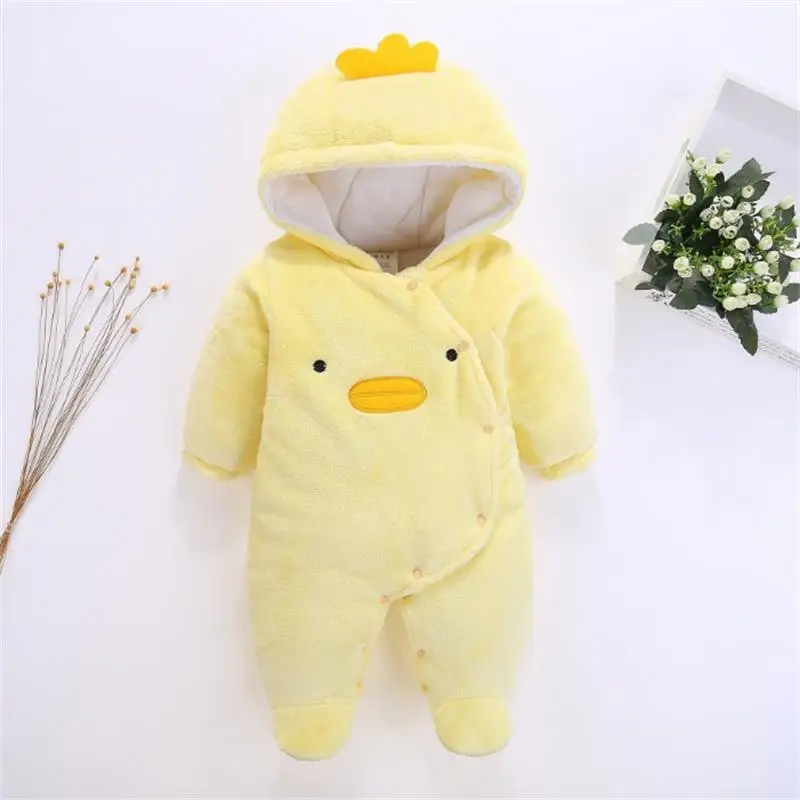 Yellow Duck Осенне-зимние стильные комбинезоны; Плотная хлопковая одежда с рисунком собаки для новорожденных мальчиков и девочек; одежда с капюшоном и длинными рукавами - Цвет: Yellow Duck