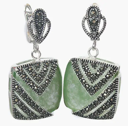 Необычные женские квадратные серьги из серебра 925 пробы с зеленым натуральным