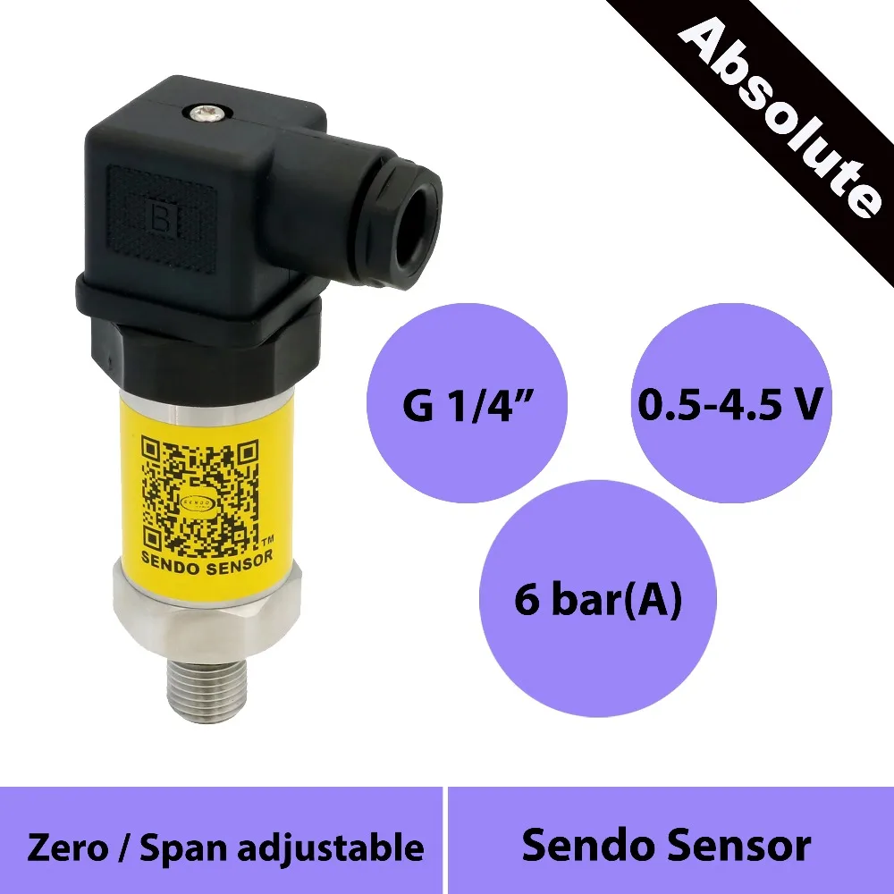 0.5 to 4.5V sensor pressure 5Volt DC supply 600 kpa 6 bar absolute G1 4 thread stainless steel 316L diaphragm low cost|steel 316l|steel