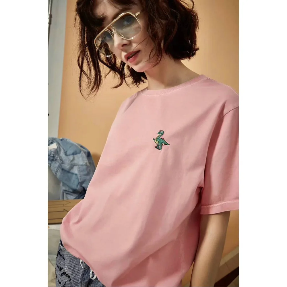 2018 Brand 100% Cotton Dinosaur Embroidered T-shirt Women Summer Casual Short Sleeve tshirt White Pink Loose tops tees | Женская одежда