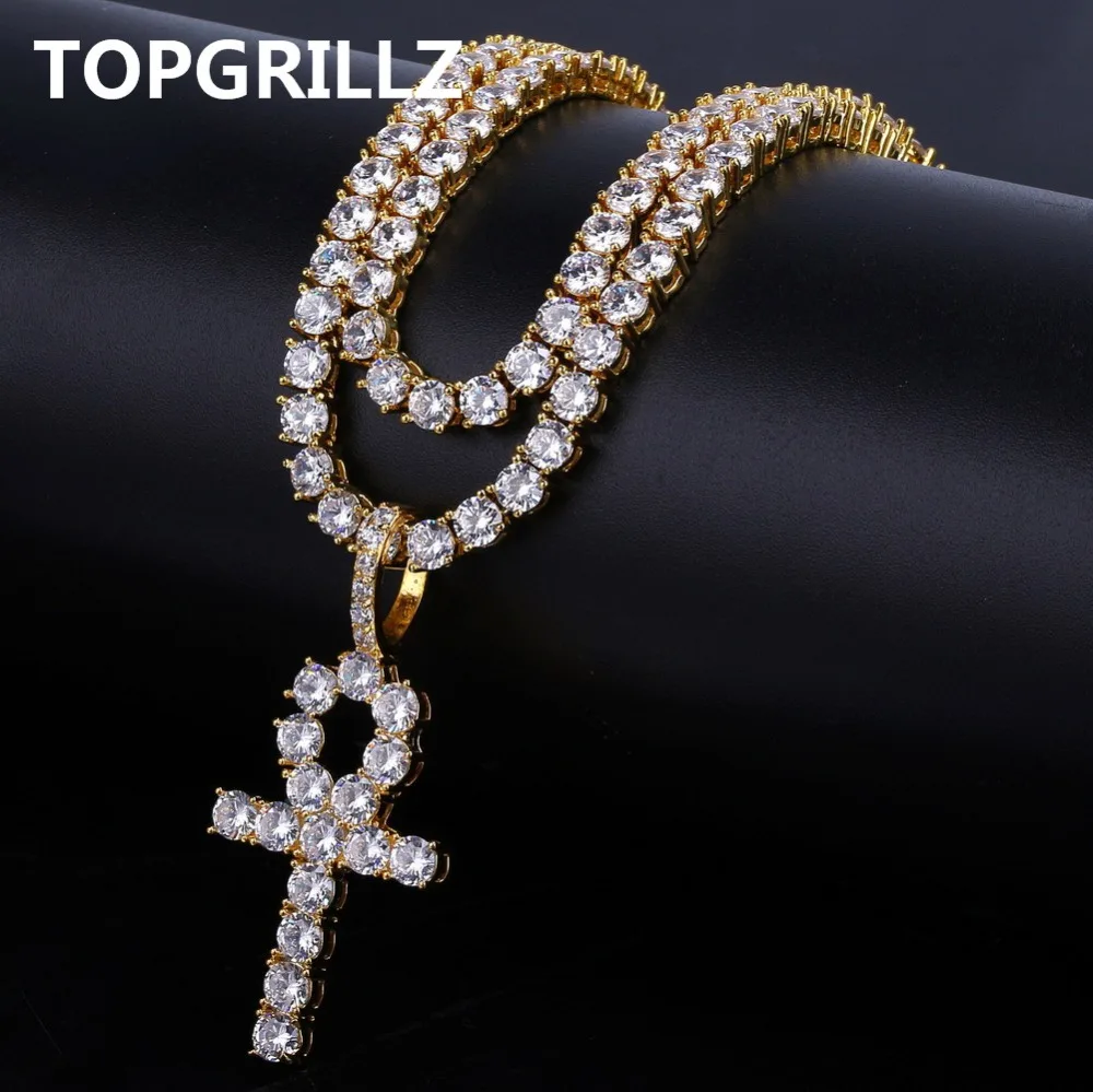 TOPGRILLZ хип хоп АНК крест кулон цепочки и ожерелья Iced Out 4 мм теннис цепи Micro Pave CZ
