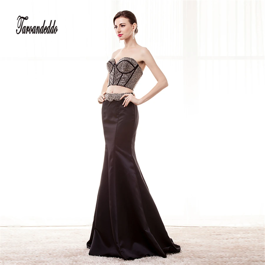 Бисером Выпускные платья черные атласные вечерние Двойка рукавов Длинные