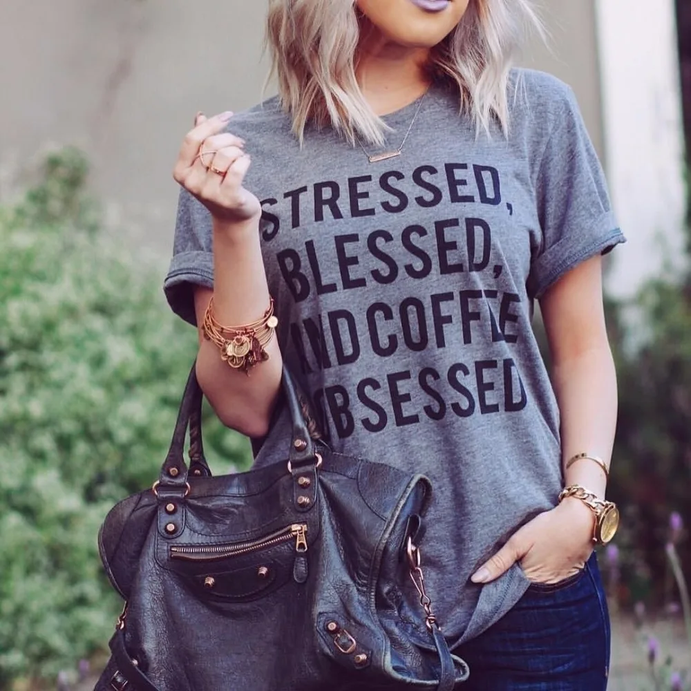 

Stressed Blessed and Coffee Obsessed Letter Print Funny T-shirt Women Hipster Style Fashion Tumblr Saying Top Tee women t shirt