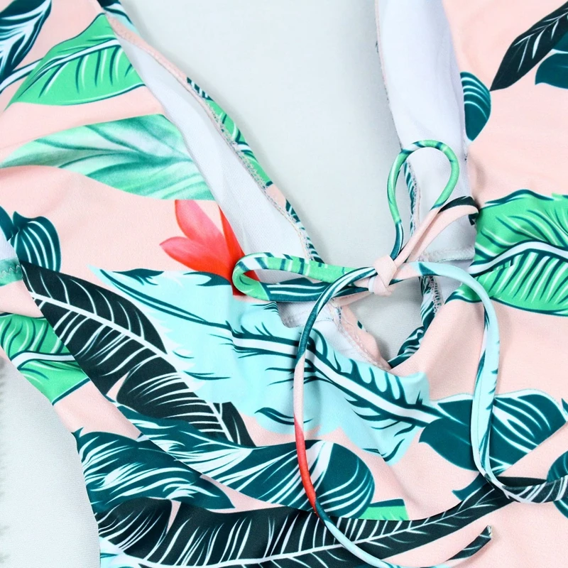 Lefeel печати гофрированный Цельный купальник для женщин открытая спина