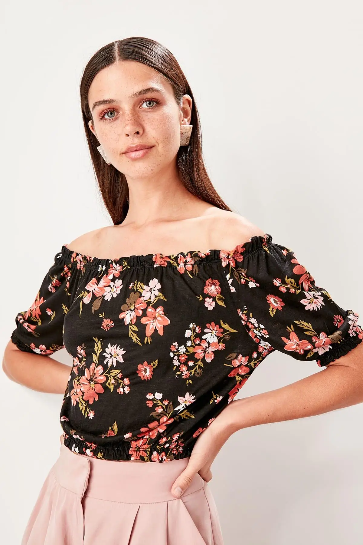Trendyol черная Узорчатая трикотажная блузка TWOSS19BZ0264 | Женская одежда