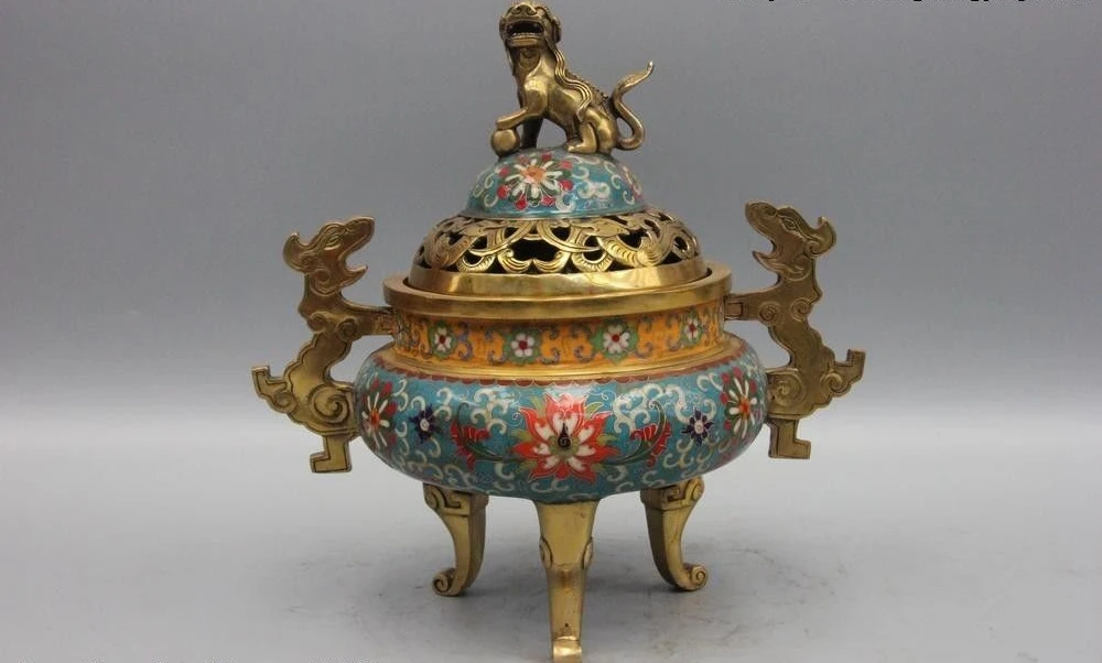 

13" Tibetan Buddhism Bronze Cloisonne Foo Dog Lion Dragon Incense Burner Censer