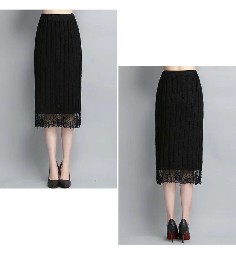Spring New Knitted Sweater Two Piece Set Top+ Skirt Women Plus size Lace edge Skirt Loose Turtleneck Sweater Pullover Dress 3XL