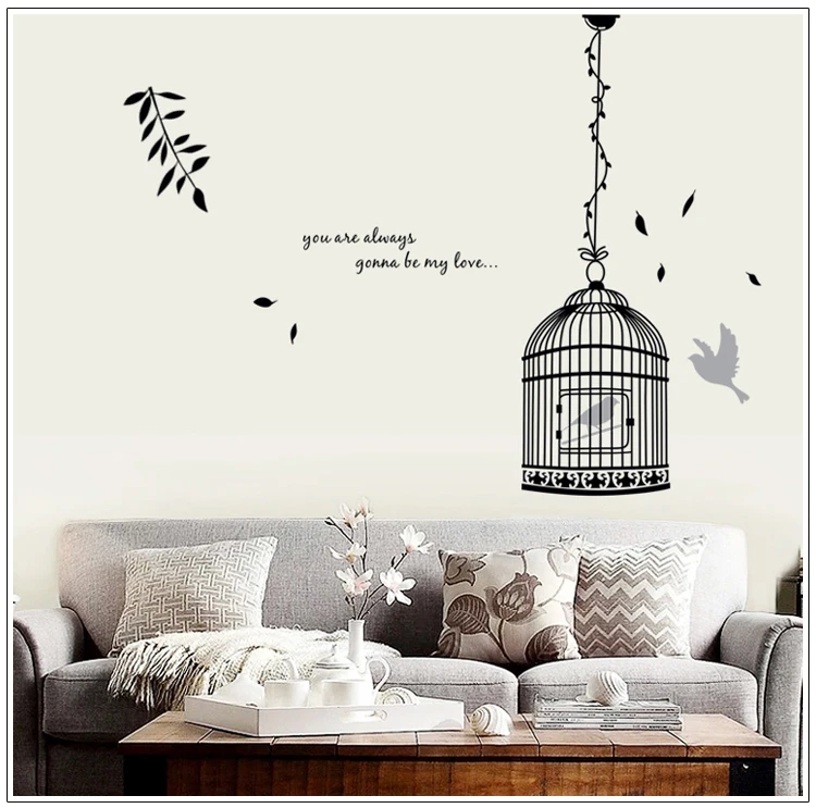 Мультфильм черные птицы Клетка цветок DIY ветка Наклейка на стену для детской