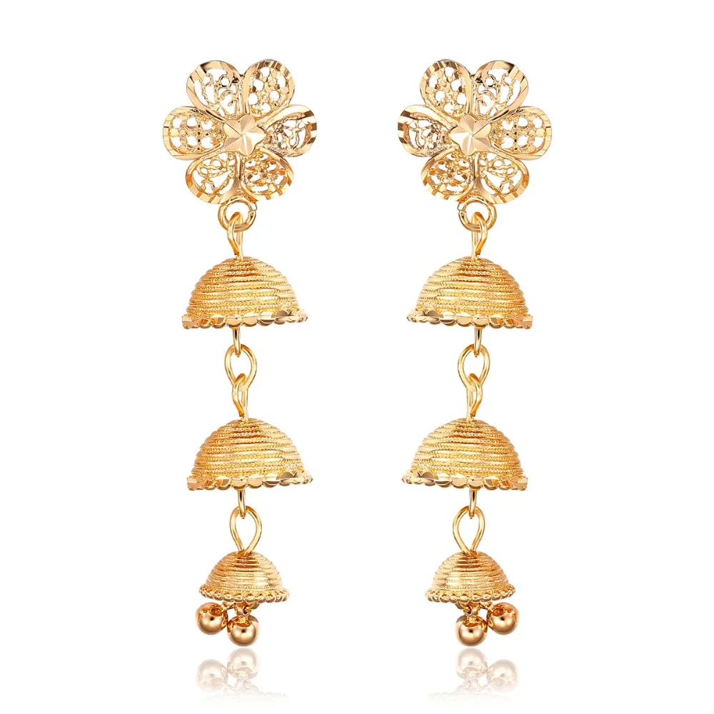 Yellow Gold Color Cut Out Flower Filigree Layered Bell Drop Dangle Chandelier Long Earrings For Women Aros Pendientes Jewelry|earings silver|earrings