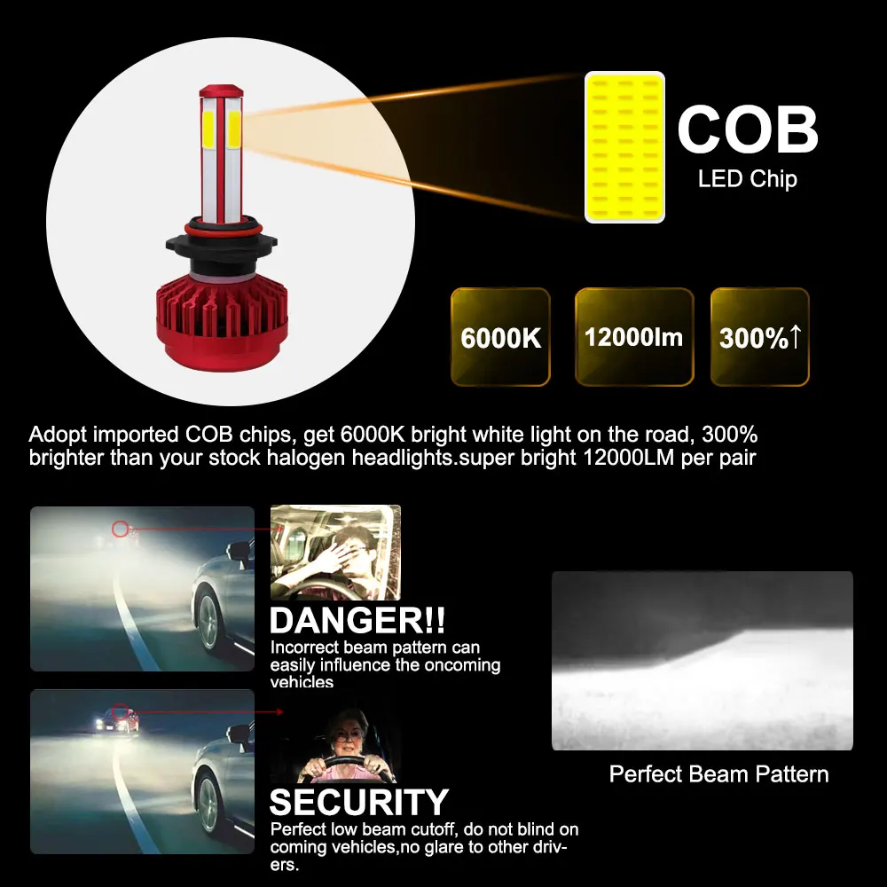Roadsun 4 боковые автомобильные фары светодиодные лампы H7 H4 H11 9005 9006 55 Вт 6000 К 12В 12000LM
