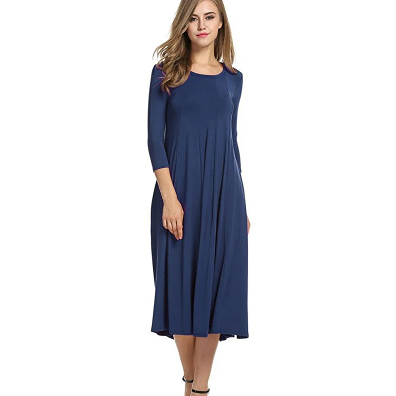 Платье туника женское однотонное с рукавом 3/4 элегантное хлопковое повседневное