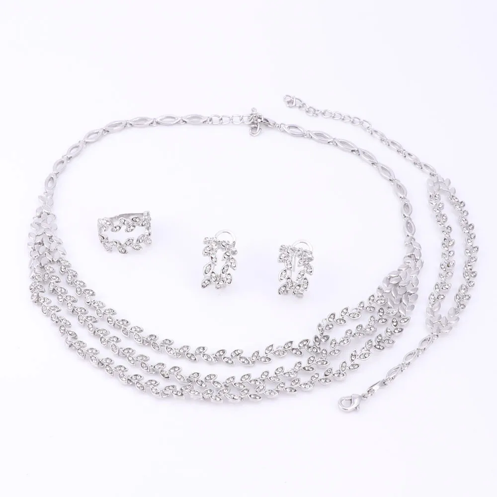 Посеребренное 3 слоя в форме листьев ожерелье Кристалл Ювелирные наборы с