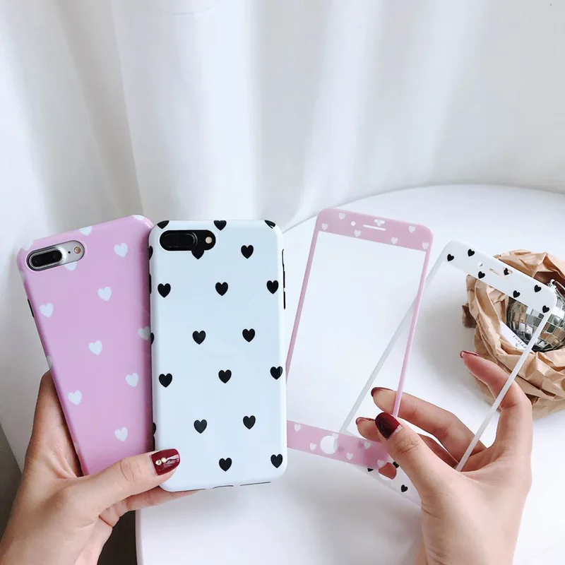 For iPhone 8plus Love Heart Soft case &amp Tempered Glass Screen film X 7 7Plus 8 6 6S 6Splus Retro Back cover |
