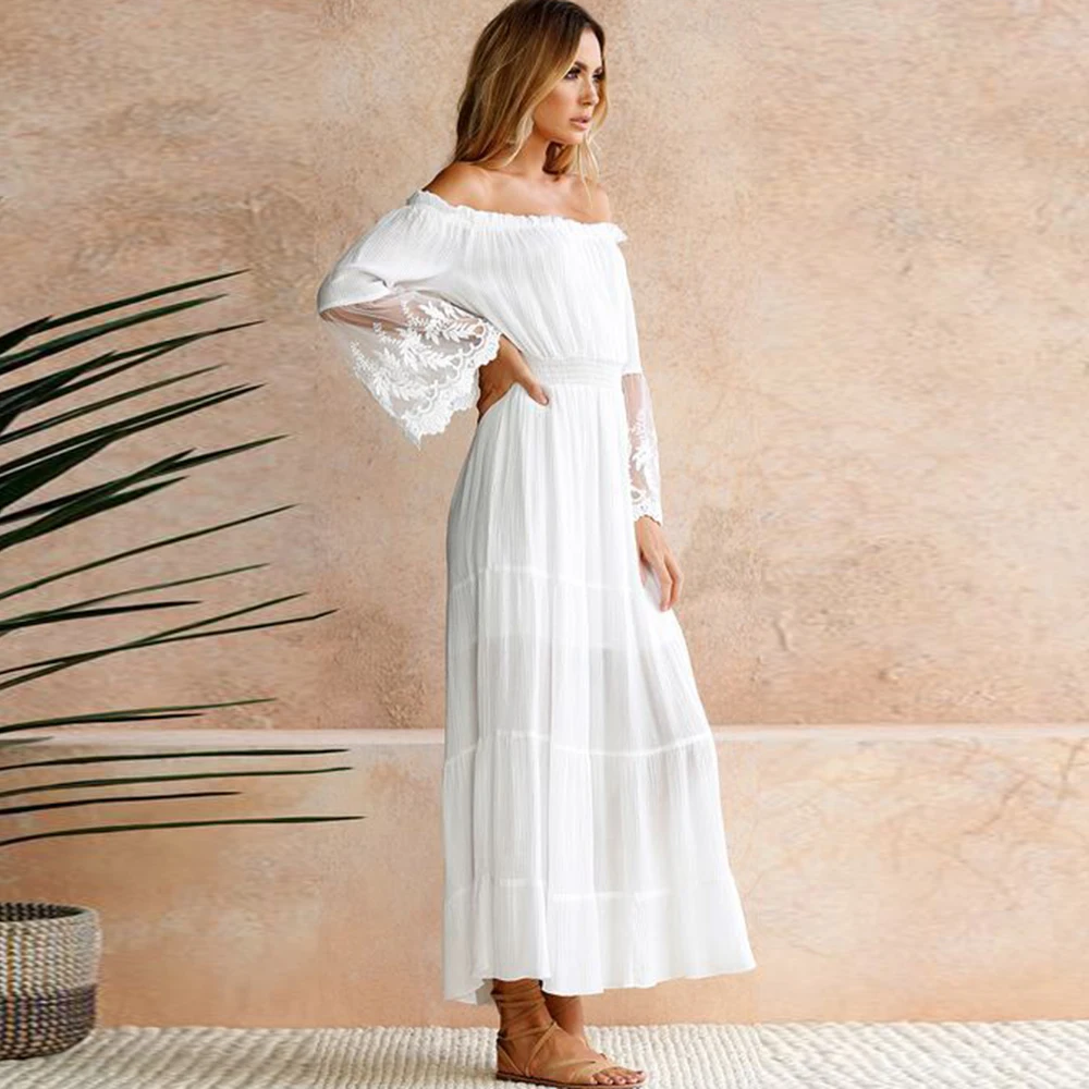 Платье женское шифоновое с открытыми плечами длинным рукавом и плечами|Женские