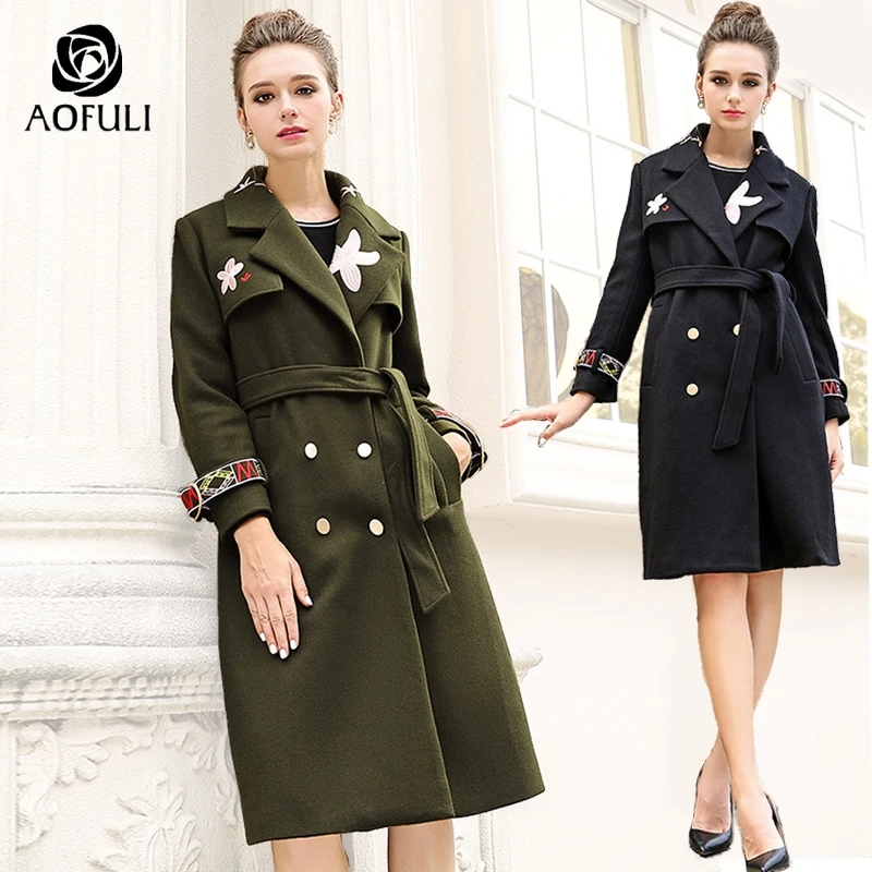 AOFULI M XXXL Женское шерстяное пальто с вышивкой X long поясом Зимняя мода двубортное