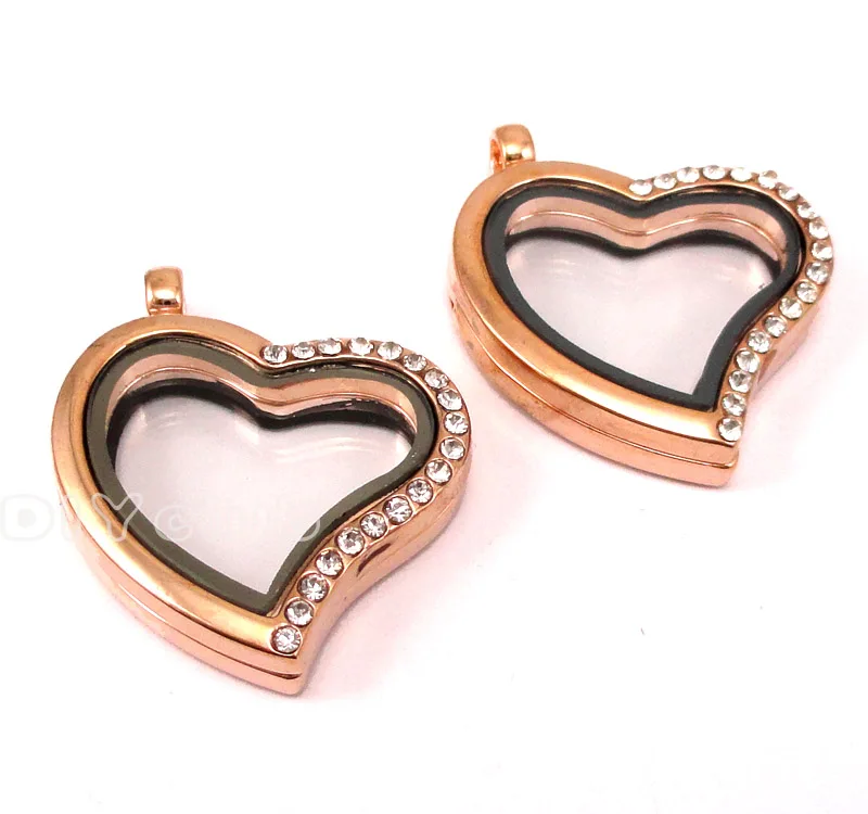 2 шт-розовое золото в форме сердца плавающий медальон с Стразы стеклянный кулон