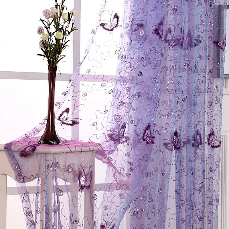 purple tulle Тюль с желтой бабочкой и соответствующей тканью, прозрачные Занавески Из вуали для кухни, гостиной, спальни, занавески на окна 344& 30 - Цвет: purple tulle
