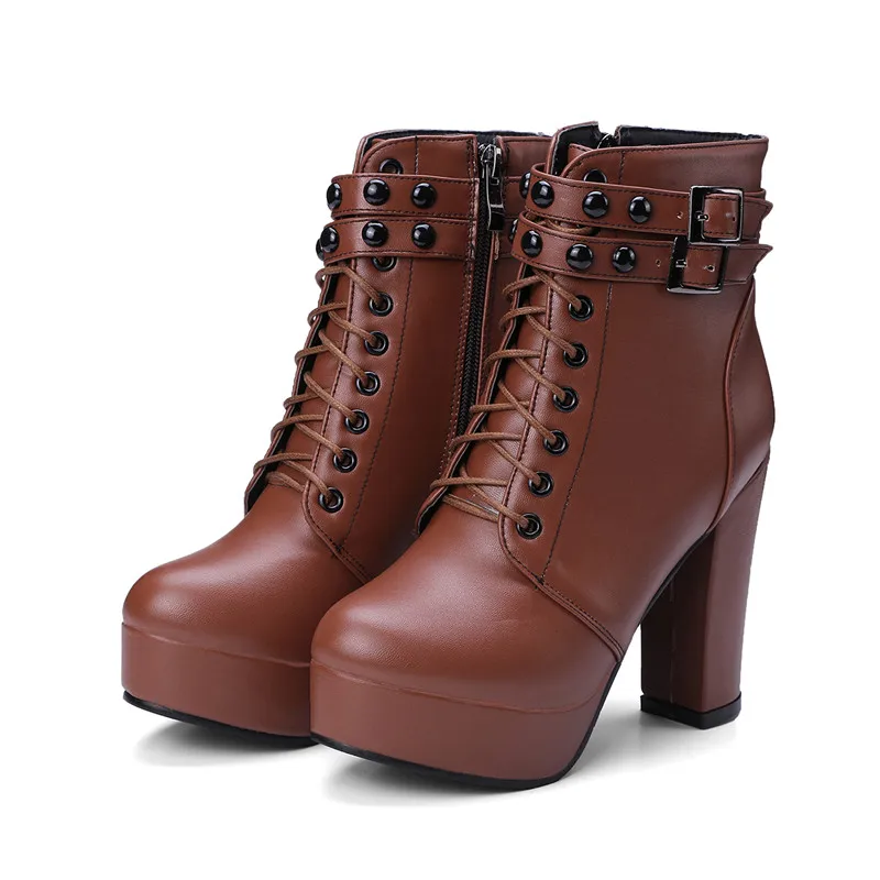 brown boots Ботильоны с пряжкой в стиле панк-шпильки женские ботинки на платформе с массивным каблуком, большие размеры 43, 44, 45, 46, 47, 48 женские мотоциклетные ботинки на шнуровке - Цвет: brown boots