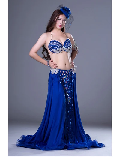 Royal Blue 3pcs Роскошный танцевальный костюм для Танцев Живота из 3 предметов: бюстгальтер+ юбка+ шарф, женская одежда для бальных танцев, Детский комплект для сценических танцев M, L - Цвет: Royal Blue 3pcs