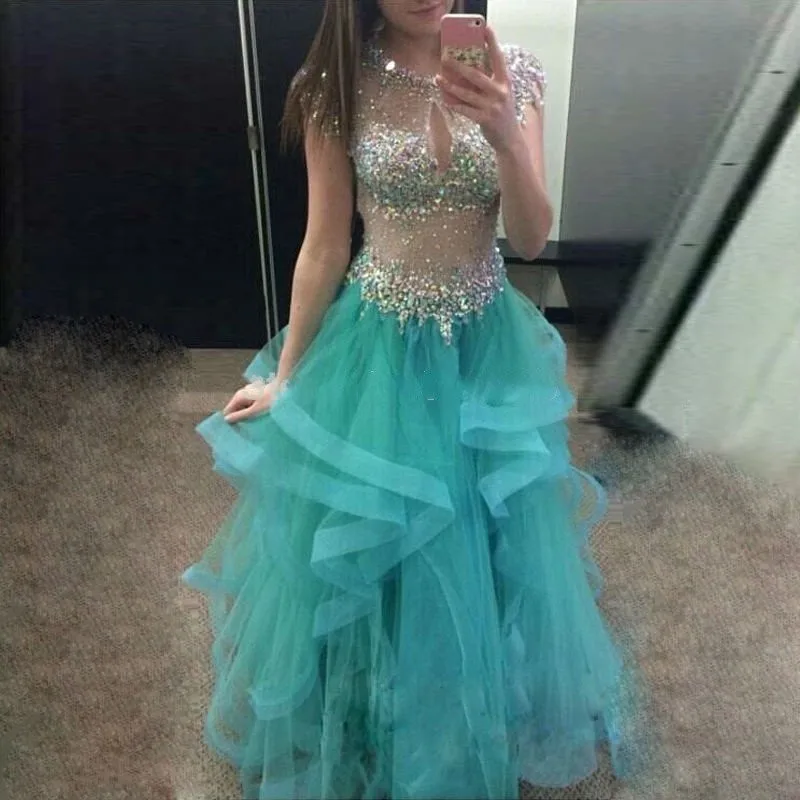 Robe de soriee Очаровательный Голубой Лед Кристаллы Длинные Платья Выпускного Вечера