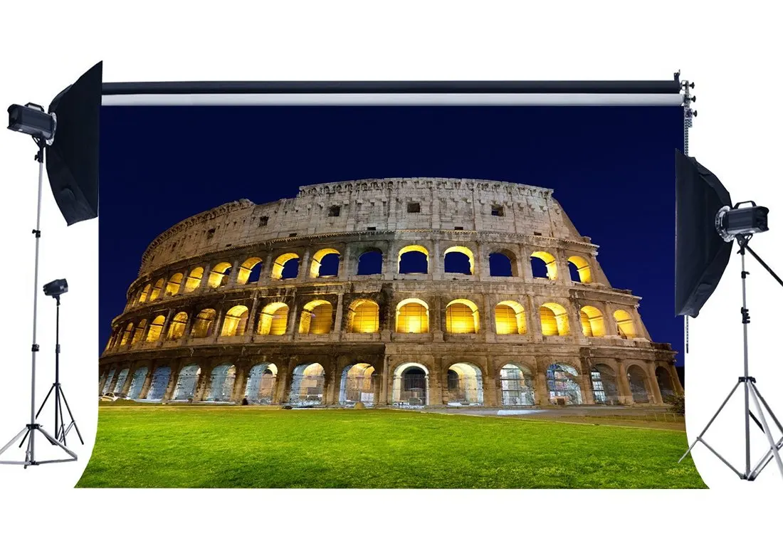 

Ancient Rome Colosseum Backdrop Old Arch Dooe Shining Lights Blue Sky Green Grass Luxurious European Photography Background