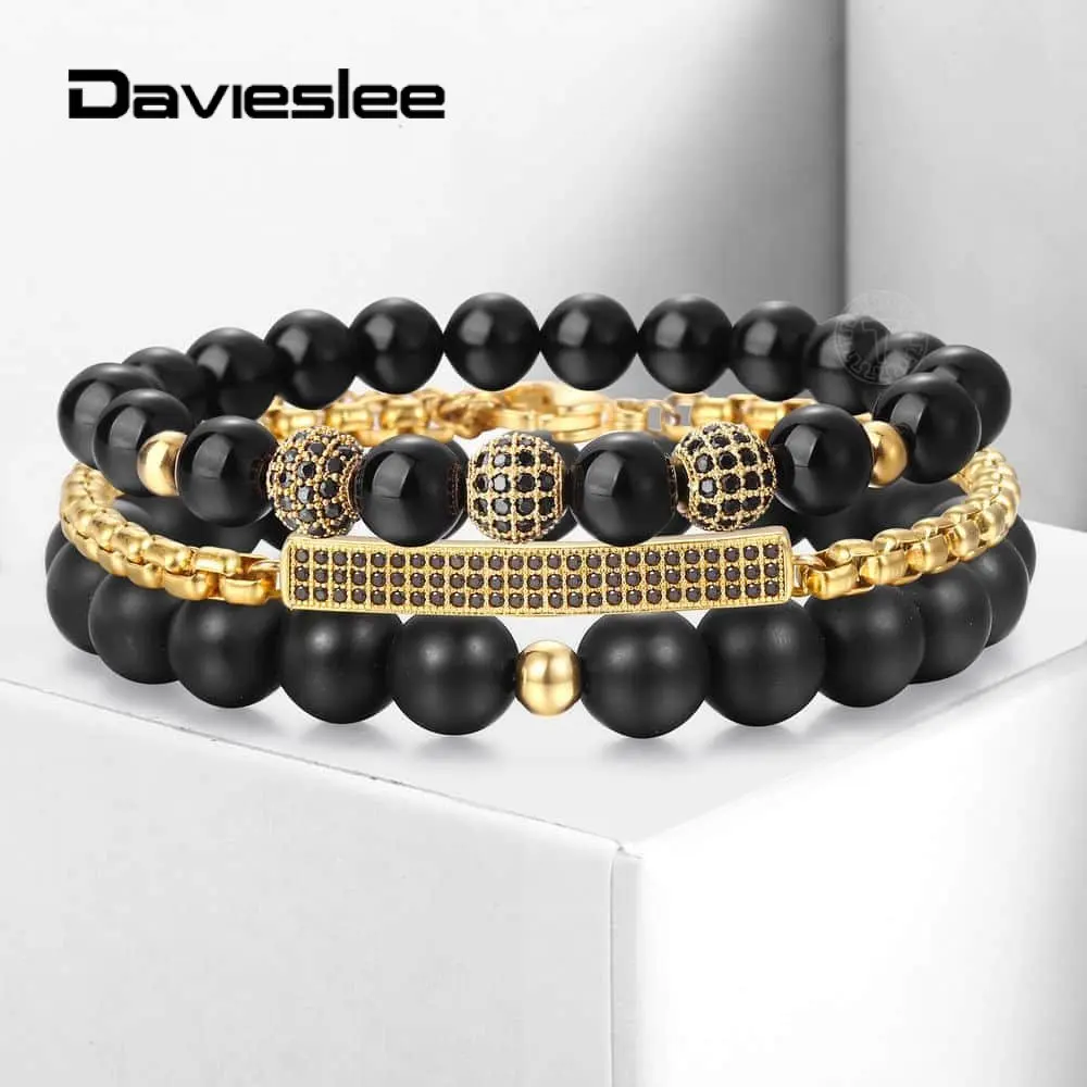 Мужские черные стеклянные бусы CZ браслет для женщин Золотая цепочка из