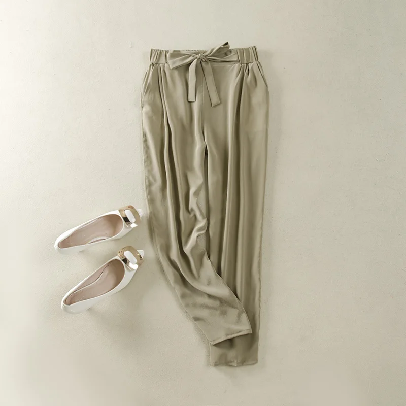 Летние брюки из натурального шелка длиной до щиколотки однотонные шаровары 100% с