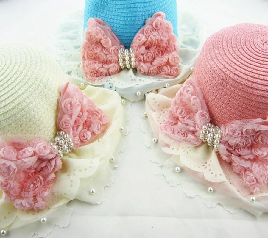Children hat hats spring and summer girl baby pearl bow flowers sun natural beauty colorful Beach cap 2mz39 | Детская одежда и