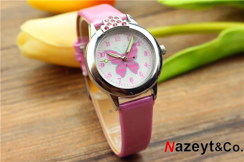Nazeyt детские часы с персонажами мультфильмов для девочек прекрасный циферблат с бабочкой светящиеся стрелки Хрустальные кожаные часы с бриллиантами подарок на день детей