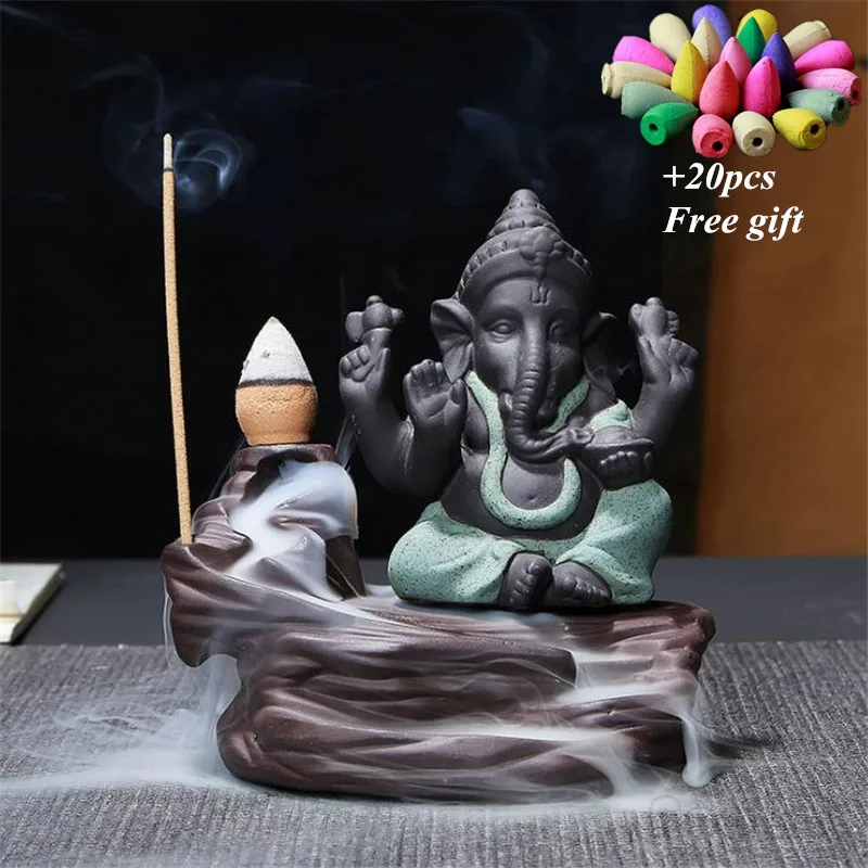 A Green-20pcs Mixed Ganesha курильница для благовоний горелка Бог слон благоприятный и символ успеха водопад курильница домашний декор+ 20 шт Бесплатные конусы - Цвет: A Green-20pcs Mixed