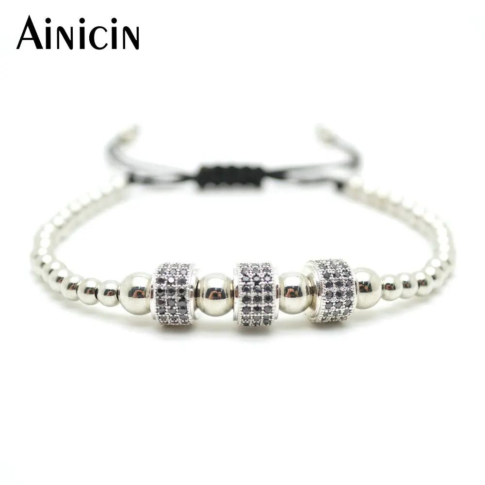 

5pcs Never Fade Silver Plated 4mm Copper Round Beads Black CZ Setting Hand-knitted Fashion Women Adjustable Bracelets