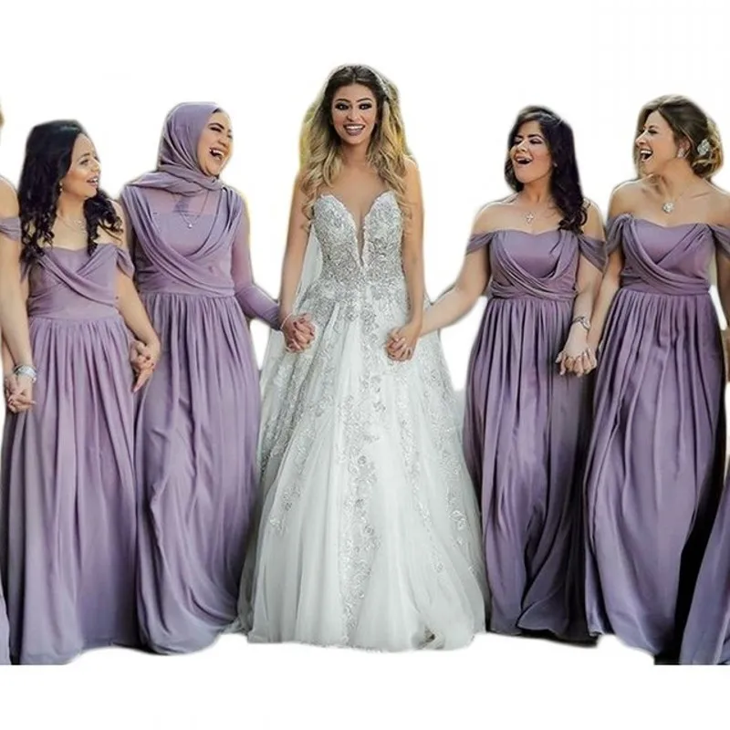 

Lavender Color Sweetheart Sleeveless A-Line Long Chiffon Pleated Bridesmaid Dresses Hot Chiffon Court Train Bridesmaid Gown