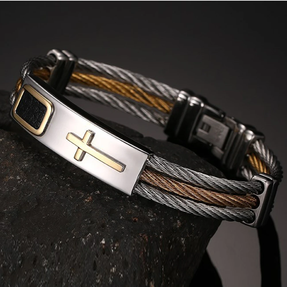 

2017 Beichong Men's Cross Bracelet with Synthesis Leather 3 Row Wire Chain Bangle Holy Classics Christ Style for men BL-0292