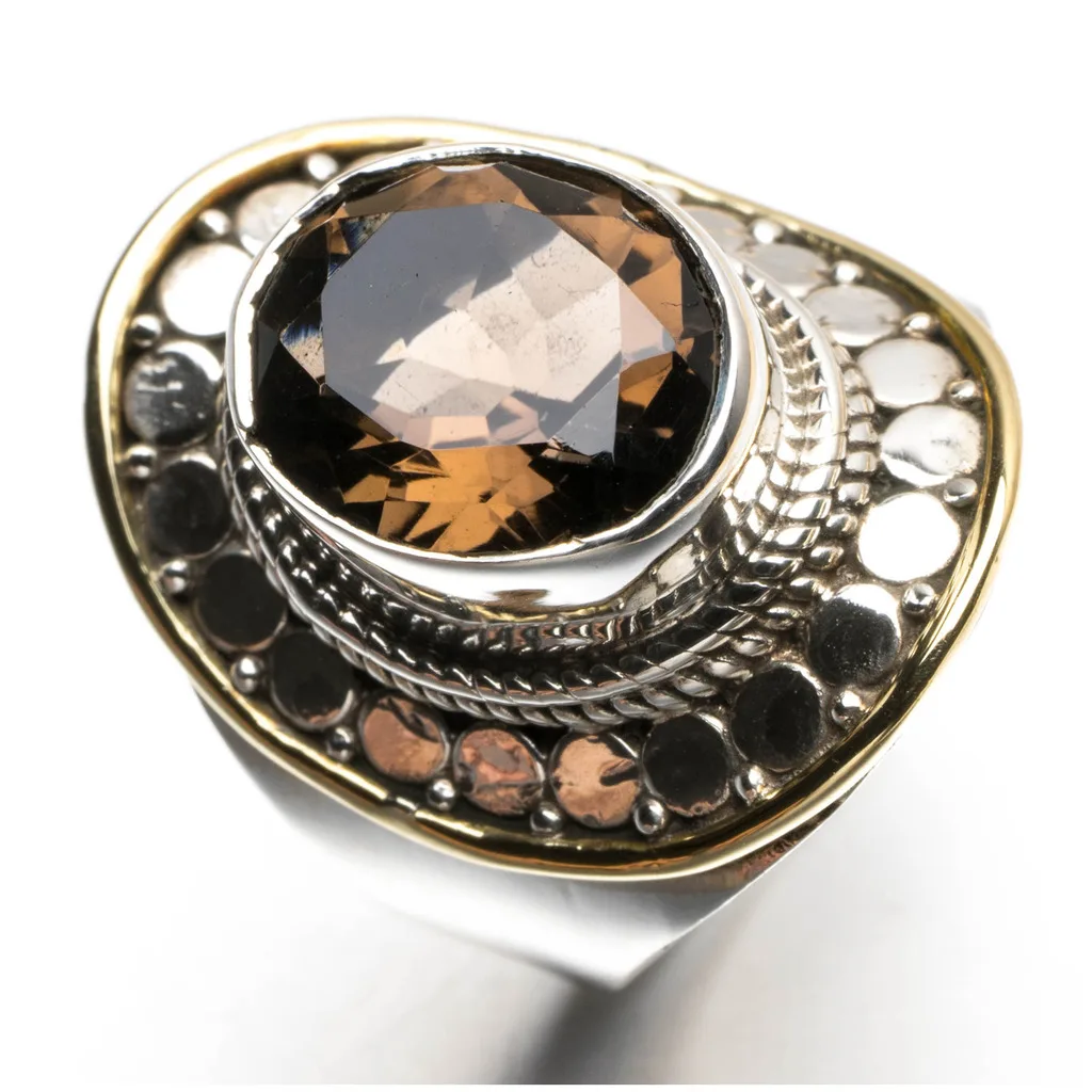 Кольцо из натурального серебра в двух оттенках с дымчатым кварцем размеры США 7