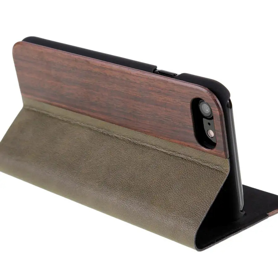Функция подставки Padauk дерево + армейский зеленый кожаный флип-Телефон чехол для