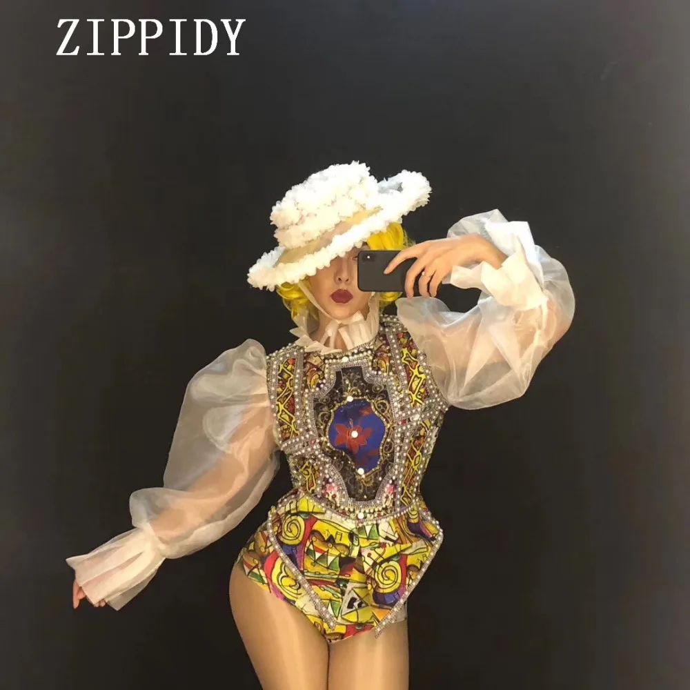 2019 Sexy Fashion Gold Flower Lace Bodysuit Transparent Net Yarn Costume Stage Dance Leotard Dance Performance Leotard YOUDU