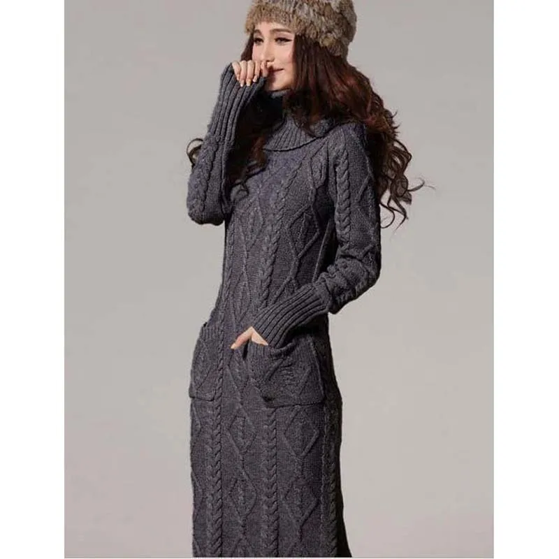 Autumn Winter Women Fashion Knitting Sweater Pullover Dress Ladies Jumper Vintage Wool Turtlenecks Long Sleeve Plus Size Tops | Женская