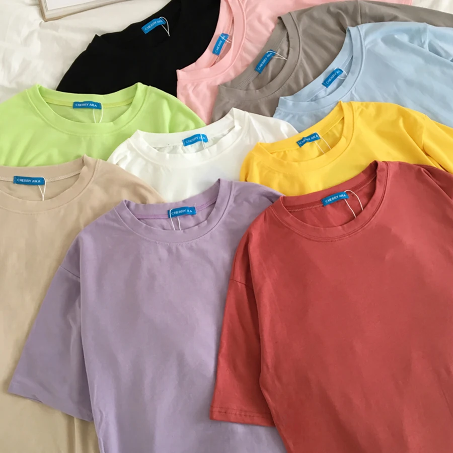 Футболка женская с круглым вырезом простая Однотонная рубашка в стиле Харадзюку